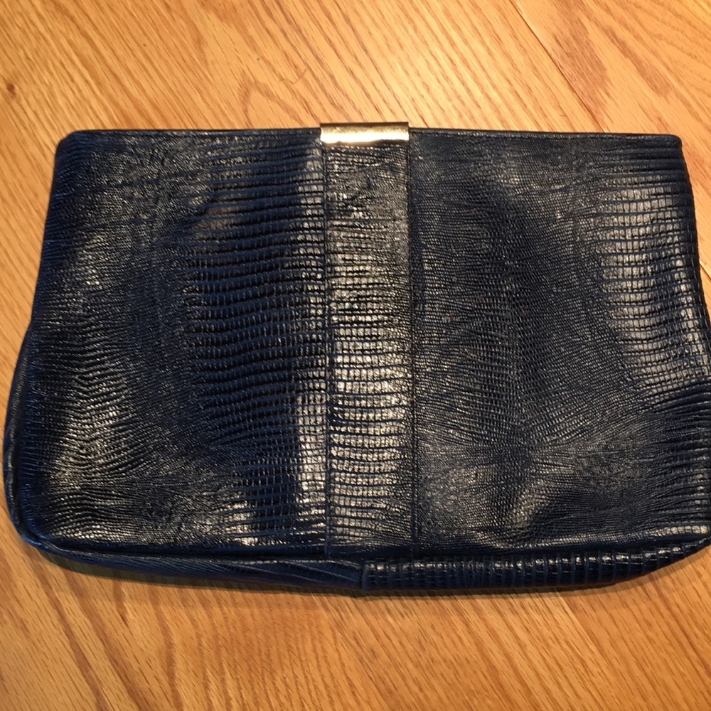 Navy faux alligator clutch